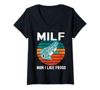 Donna Milf Uomo Mi Piace Rane Divertente Rana Anfibio papà Scherzo Maglietta con Collo a V