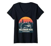 Donna Millennium Park Chicago Camicia Vintage Bean Skyline Maglietta con Collo a V