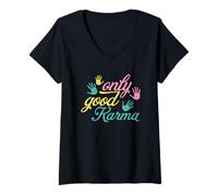 Donna Mindful Living Only Good Karma Handprint Citazione Maglietta con Collo a V