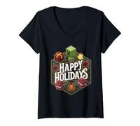 Donna Minecraft Christmas Happy Holidays Chibi Creeper Game Items Maglietta con Collo a V
