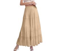Donna Mini Bianco Fluente Maxi Gonne Boho Estate Elastico Vita Pieghettato A Linea Gonna Lunga Per Le Signore Fiori Corti, cachi, S