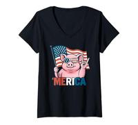 Donna Mini Pig Merica Bandiera Americana 4 luglio Amante degli Animali Domestici Maglietta con Collo a V