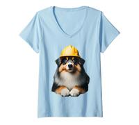 Donna Miniatura American Shepherd Dog Yellow Hard Hat Costruzione Maglietta con Collo a V