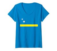 Donna Minimal Curacao Flag Inspired Stars And Stripe Art Maglietta con Collo a V