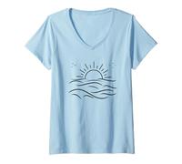 Donna Minimal Ocean Waves Tramonto Uccelli Silhouette Calma Spiaggia Vibes Maglietta con Collo a V
