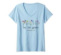 Donna Minimalist Christian By His Grace Romans 3:24 Bible Verse Maglietta con Collo a V