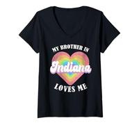 Donna Mio Fratello in Indiana Mi AMA Cuore USA Stato degli Stati Uniti Maglietta con Collo a V