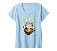 Donna Miso Happy, gioco di parole, cibo giapponese anime Cat Ramen Bowl Maglietta con Collo a V
