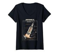 Donna Missione di Lancio di Un Razzo Spaziale Blueprint sulla Luna Artemis 2 Maglietta con Collo a V