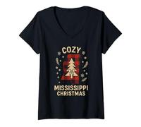 Donna Mississippi Camicia di Natale Cozy Tree Snowflake Plaid Vibes Maglietta con Collo a V