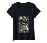Donna Mistico Folk Art Forest Scene, Boho Calderone Rituale, Strega Maglietta con Collo a V