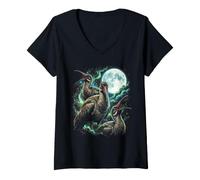 Donna Mistico Hadeda Ibis Luna Piena Cielo Notturno Cosmico Maglietta con Collo a V