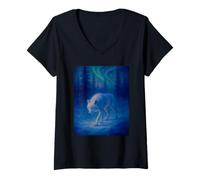 Donna Mistico Lupo Bianco Solitario Cielo Stellato Aurora Boreale Art Maglietta con Collo a V