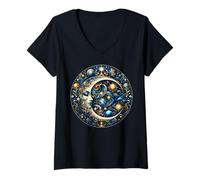Donna Mistico Sole e Luna Celeste Yin Yang Estetica Mistica Maglietta con Collo a V