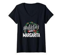 Donna Mistletoes & Margarita Divertente Natale Bere Maglietta con Collo a V