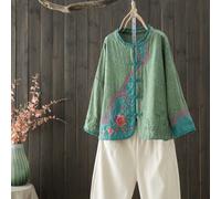 Donna Misto Cotone Camicetta Etnico Floreale Manica Lunga Rana Bottoni Camicia