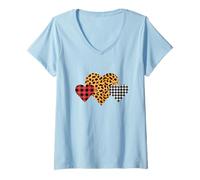 Donna Misto Tre Fantasie Cuori Stampa Leopardata e Buffalo Plaid Maglietta con Collo a V