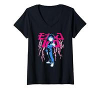 Donna Mob Psycho 100 Shigeo with Pink Lightning And Kanji Anime Maglietta con Collo a V
