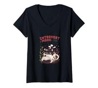 Donna Modo introverso su Gatto e caffè Cozy Cat in Mug Art Maglietta con Collo a V