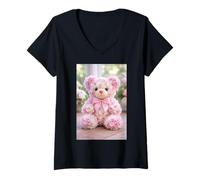 Donna Molto Carino Orchidea Rosa Orchidea Teddy Bear Design 2 Forme Mania Maglietta con Collo a V