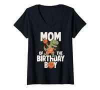 Donna Mom of The Birthday Boy T-Rex Dino Basket Compleanno Maglietta con Collo a V