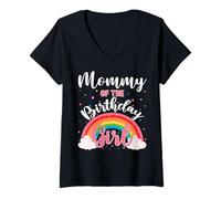 Donna Mommy Of The Birthday Girl Rainbow Festa di compleanno Famiglia Maglietta con Collo a V