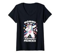 Donna Mommy of The Birthday Princess - Rainbow Unicorn Dab Hearts Maglietta con Collo a V