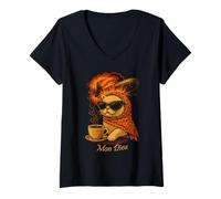 Donna Mon Dieu Retro Cat Esplosione caffè Maglietta con Collo a V