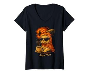 Donna Mon Dieu Retro Cat Esplosione caffè Maglietta con Collo a V