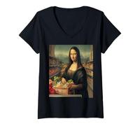 Donna Mona Cestino della spesa Vintage Lisa Mercato Scena Maglietta con Collo a V