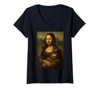 Donna Mona Lisa bradipo divertente novità Art Cool Style Maglietta con Collo a V