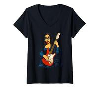 Donna Mona Lisa, Chitarra Divertente per Insegnante di Musica Rock And Roll Maglietta con Collo a V