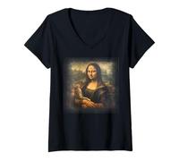 Donna Mona Lisa con Gatto Caccia Laser Leonardo da Vinci Pittura Maglietta con Collo a V