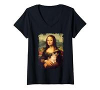 Donna Mona Lisa con in mano una camicia da gatto Mona Lisa Kitty Cat Lover Maglietta con Collo a V