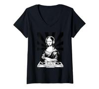Donna Mona Lisa Cuffie DJ Rinascimento Art Music Lover Maglietta con Collo a V