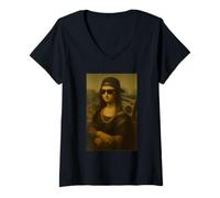 Donna Mona Lisa Street Style Rap Art Boombox occhiali da sole catena Maglietta con Collo a V