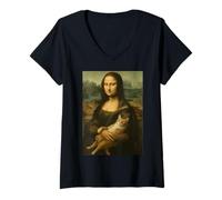 Donna Monalisa con Gatto divertente Gatto proprietario Amante Lisa Holding Kitty Maglietta con Collo a V