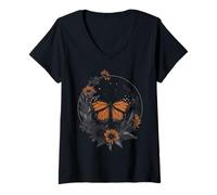 Donna Monarch Farfalla Dark Wildflower Flower Vintage Maglietta con Collo a V