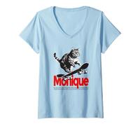 Donna MONIQUE - Bellissimo nome di ragazza con gatto e skateboard Maglietta con Collo a V