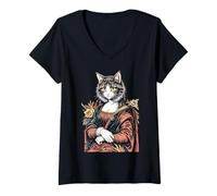 Donna Monna Lisa Amante Gatto Leonardo da Vinci Vintage Cute Kitty Art Maglietta con Collo a V