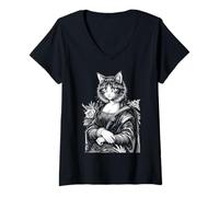 Donna Monna Lisa Amante Gatto Leonardo da Vinci Vintage Cute Kitty Art Maglietta con Collo a V