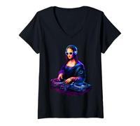 Donna Monna Lisa DJ Techno Trance Rave EDM House Music Festival Maglietta con Collo a V