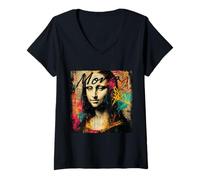Donna Monna Lisa Graffiti Style Urban Remix Maglietta con Collo a V
