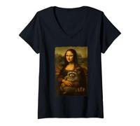 Donna Monna Lisa Holding Fluffy Raccoon Feral Divertente Umorismo Meme Maglietta con Collo a V