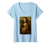 Donna Monna Lisa Holding Fluffy Raccoon Feral Divertente Umorismo Meme Maglietta con Collo a V