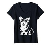 Donna Monocromatico Corgi Puppy Vector Dog Cute Portrait Art Design Maglietta con Collo a V