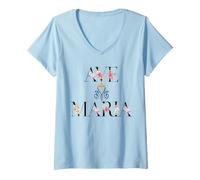 Donna Monogramma Cattolico Ave Maria Marian Maglietta con Collo a V