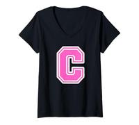 Donna Monogramma Iniziale C Rosa per Nome o Cognome C Maglietta con Collo a V