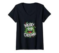 Donna Monster Merry Christmas Divertente Natale Motivo Natale Maglietta con Collo a V