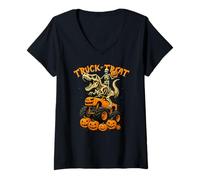 Donna Monster Truck or Treat Zucca Halloween Scheletro Dinosauro Maglietta con Collo a V